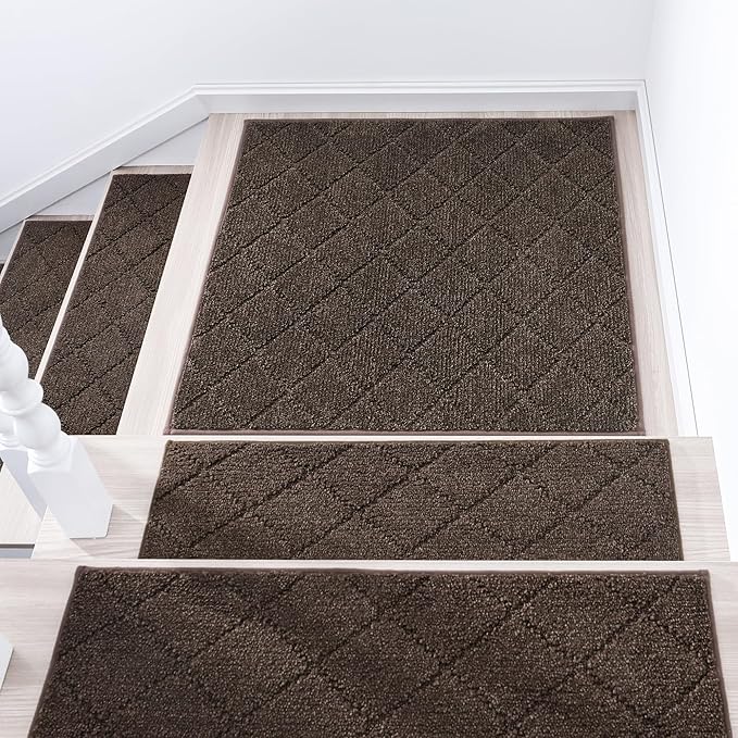 COSY HOMEER Edging Stair Treads Non-Slip Corner Indoor Stair Runners for Wooden Steps,Landing Slip Resistant Stair Rugs Mat for Kids and Dogs,100% Polyester TPE Backing,Brown,30x30 inch-PawvioPets
