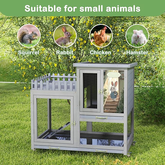 COZIWOW Double Layers Durable 38In Rabbit Hutch Indoor on Wheels, Small Animal Houses Habitat, Rolling Large Bunny Cage Outdoor with Removable Tray, Ramp, Two Story Bunny Cage（Grey with Pattern）-PawvioPets