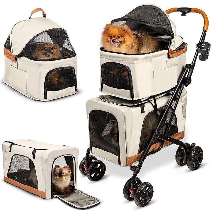 Double Pet Stroller with Detachable Carriers - Ideal for 2 Dogs or Cats - Compact & Convenient Design - Easy Assembly Double Dog Stroller - Cosmic Beige-PawvioPets