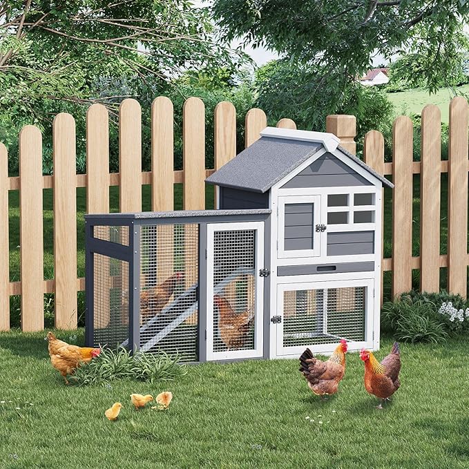 2-Tier Rabbit & Chicken House,Wooden Chicken Coop & Bunny Cage with Non-Slip Ramp, 4 Doors,Waterproof Roof & Pull-Out Tray,Outdoor/Indoor Pet Cage-PawvioPets