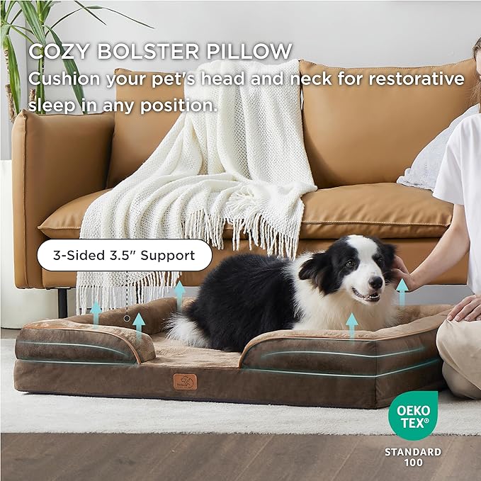 Bedsure L Plus Orthopedic Dog Bed for Large Dogs - Washable Dog Cat Bed Waterproof, L Plus Big Comfort Dogs Couch Sofa with Washable Removable Cover, Pet Bed with Nonskid Bottom, Brown, 38"-PawvioPets