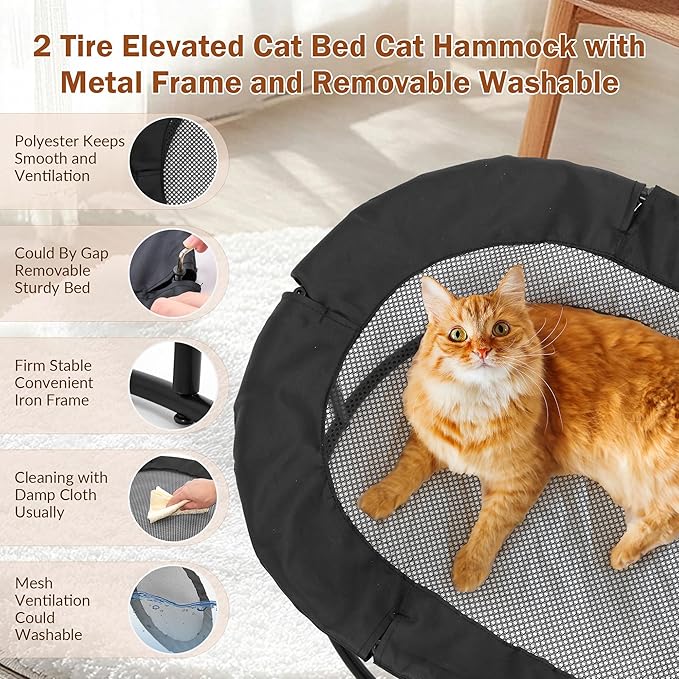 Defined Deco 2 Tier Elevated Cat Hammock Bed, Furniture Cat Bed Breathable Comfortable, Raised Cool Ca t Hammock for Indoor Cats, with Removable Mesh and Steel Frame for Summer-PawvioPets
