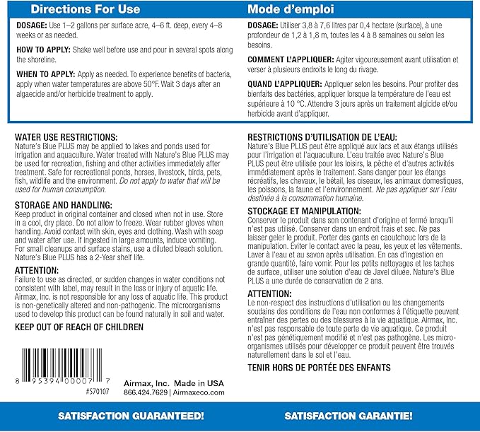 Airmax Pond Dye Plus, Nature's Blue Colorant & Natural Beneficial Bacteria, Large Pond & Lake Water Clarifier & Color Treatment, Shade Plants & Algae from Sunlight, Fish & Livestock Safe, 1 Gallon-PawvioPets