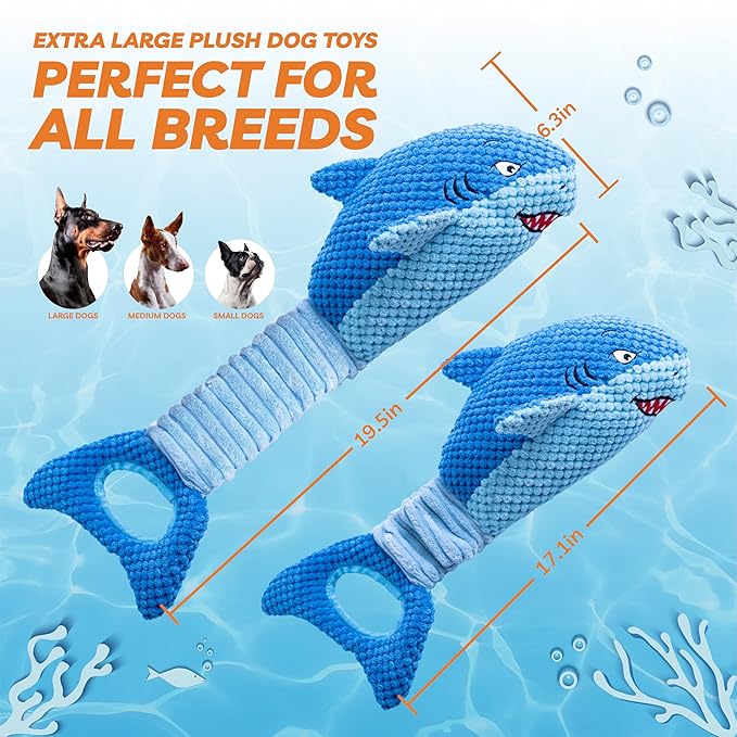 Dog Toys for Large Dogs, Squeaky Dog Toys for Aggressive Chewers, Plush Dog Chew Toys for Teething, Interactive Shark Dog Toys to Keep Them Busy Tug Of War Puppy Toys for Small,Medium,Large Breeds-PawvioPets