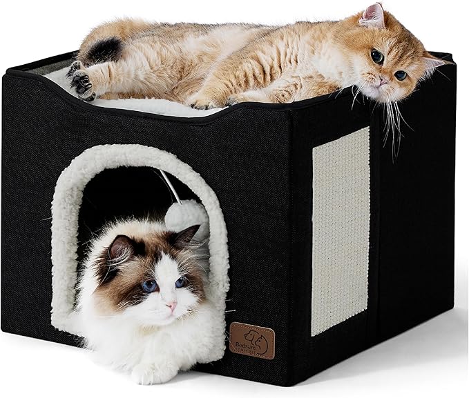 Bedsure Cat Beds for Indoor Cats - Large Cat Cave for Pet Cat House with Fluffy Ball Hanging and Scratch Pad, Foldable Cat Hideaway, 16.5x16.5x13 inches, Black-PawvioPets