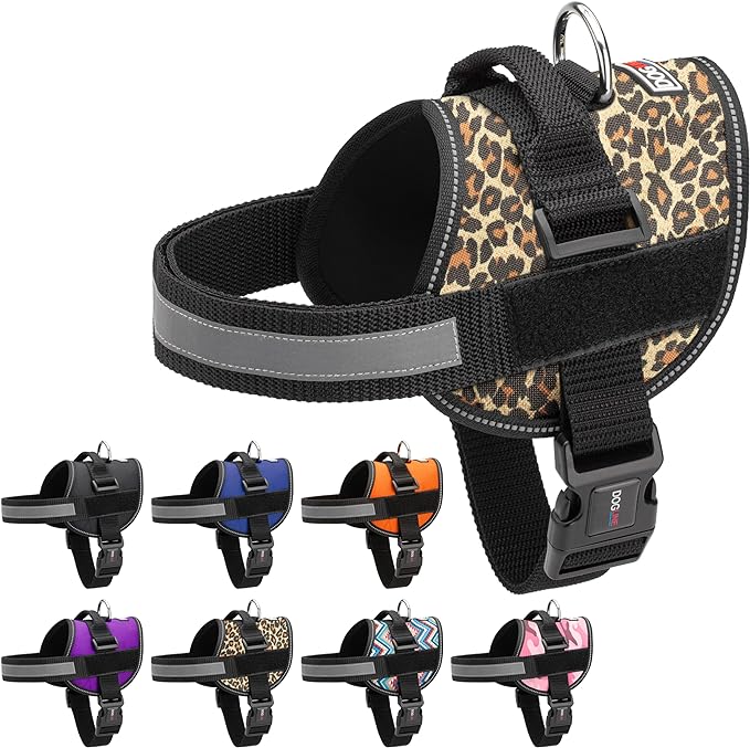 Dogline Dog Harness, Reflective No-Pull Adjustable Vest with Handle for Walking, Training, Breathable, No - Choke Harness for Small, Medium or Large Dogs Room for Patches Leopard Brown L 27"-34"-PawvioPets