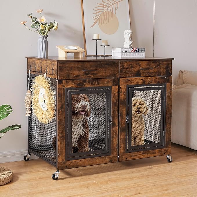 43" Large Dog Crate Furniture, Wood Dog Kennel End Table with Drawers, Decorative Pet Crate with Removable Partitions & Wheels, Dog House Indoor for Large/Medium/Small Dogs-PawvioPets