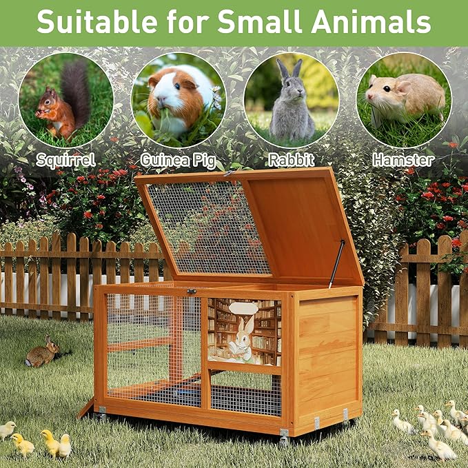 COZIWOW Wooden 36Inches Rabbit Hutch Indoor with Wheels Bunny Cage Outdoor Rabbit Cage with Clean Tray, Openable Roof, Anti-Slip Ramp for Small Bunny (Orange with Pattern)-PawvioPets