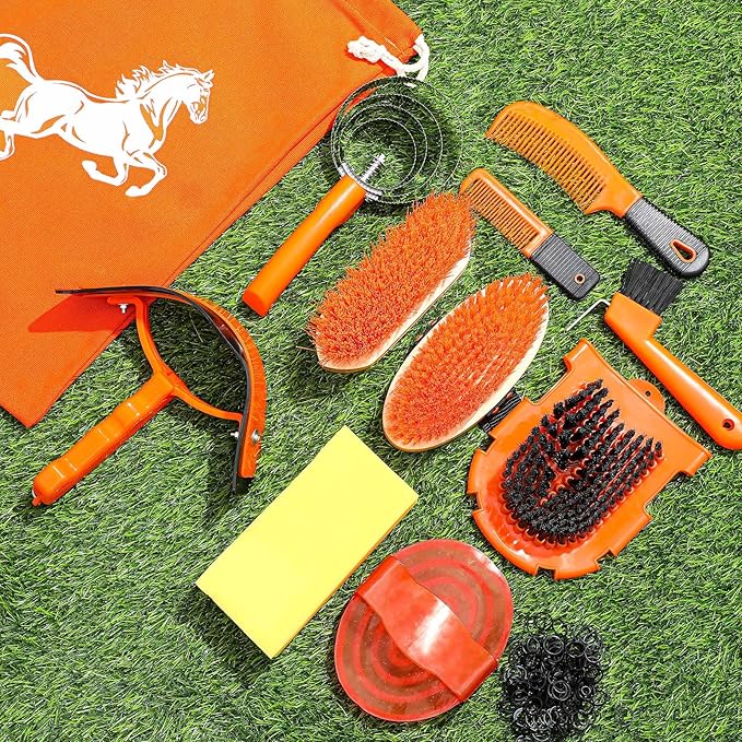 Abbylike 12 Pieces Horse Grooming Kit Racing Festival Tack Room Supplies Horse Brush Sets Equine Care Cleaning Kit Shedding Grooming Massaging Tools(Orange)-PawvioPets