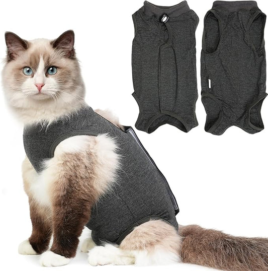 Cat Recovery Suit for Spay Abdominal Wounds, Kitten Onesie Bodysuit for Cats After Surgery, Cat Surgery Recovery Suit Female Cone of Shame Alternative for Cats Anti Licking (Dark Grey M)-PawvioPets