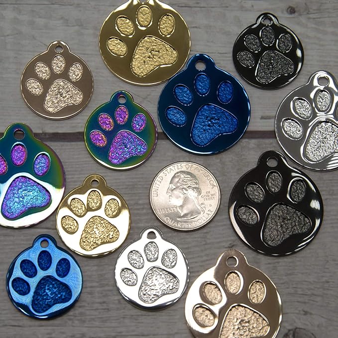 Engraved Pet Tag for Dogs and Cats - Personalized Front & Back up to 4 Lines of Text Custom Engraved ID, Round Paw Print Solid Plating Stainless Steel Black Regular-PawvioPets