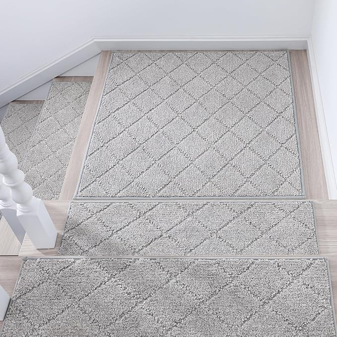 COSY HOMEER Edging Stair Treads Non-Slip Corner Indoor Stair Runners for Wooden Steps,Landing Slip Resistant Stair Rugs Mat for Kids and Dogs,100% Polyester TPE Backing,Grey,30x30 inch-PawvioPets