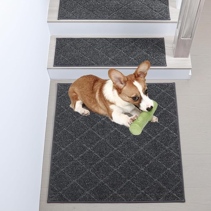 COSY HOMEER Edging Stair Treads Non-Slip Corner Indoor Stair Runners for Wooden Steps,Landing Slip Resistant Stair Rugs Mat for Kids and Dogs,100% Polyester TPE Backing,Black,30x30 inch-PawvioPets
