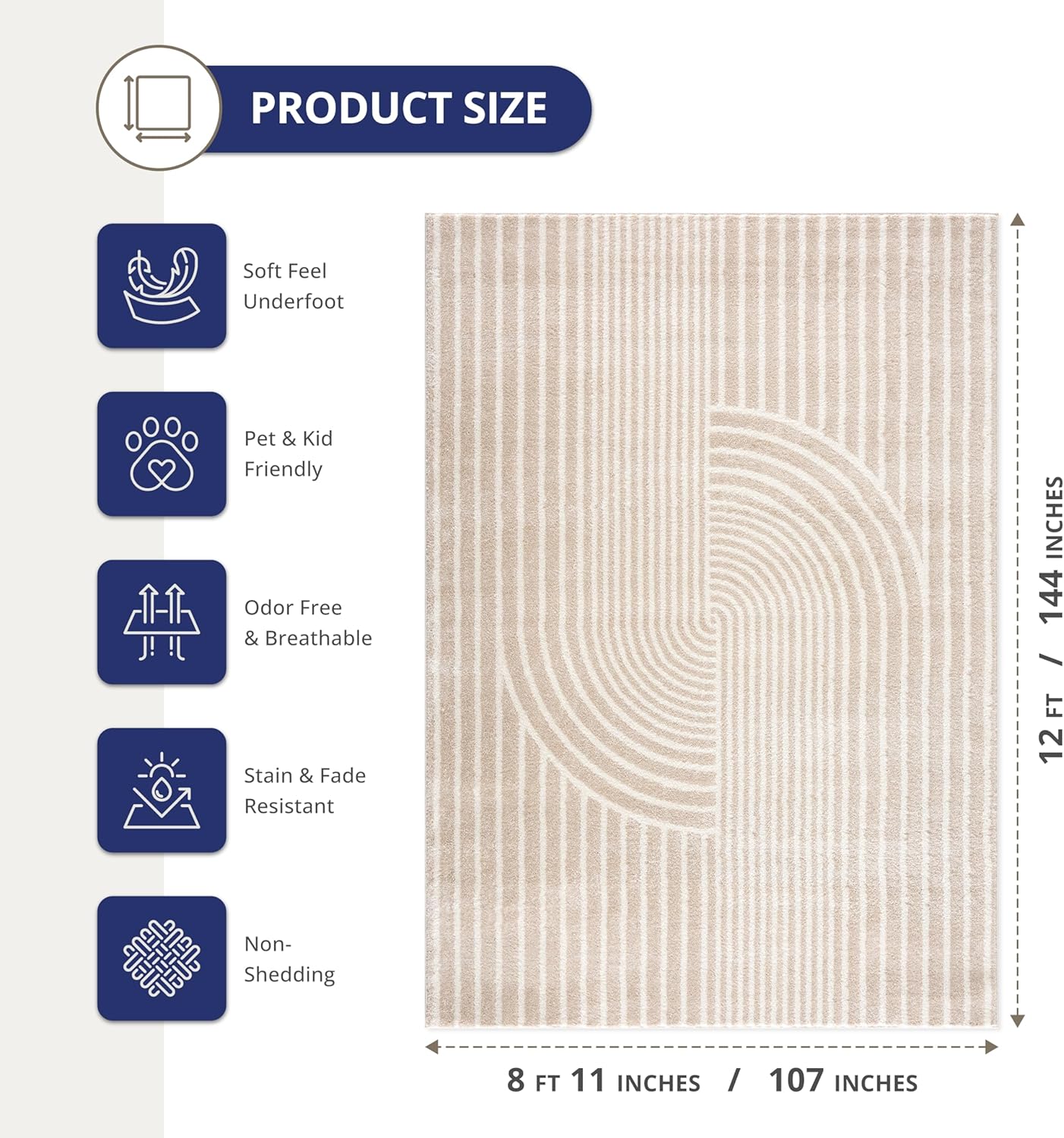 Abani Area Rug for Living Room -Nuevo 9' x 12' Beige Arch Pattern Area Rug, Soft and Durable Living Room Rug, Stain and Fade Resistant, Chic Modern Design, Pet & Kid Friendly