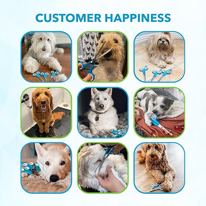 BOSHEL 3 Pc Dog Grooming Scissors Kit - 7" Scissor For Body Hair Trimming, 6" Small Micro-serrated Scissor For Face, Ear, & Paws, Thinning Shears For Dogs - Professional Dog Grooming Kit For Cat & Pet-PawvioPets