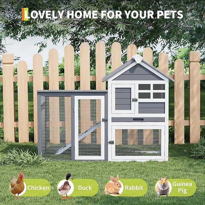 2-Tier Rabbit & Chicken House,Wooden Chicken Coop & Bunny Cage with Non-Slip Ramp, 4 Doors,Waterproof Roof & Pull-Out Tray,Outdoor/Indoor Pet Cage-PawvioPets