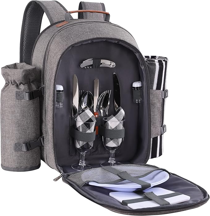 Apollo Walker Picnic Backpack Set for 2 Person with Cooler Compartment, Detachable Bottle/Wine Holder, Fleece Blanket, Plates and Cutlery Set-PawvioPets