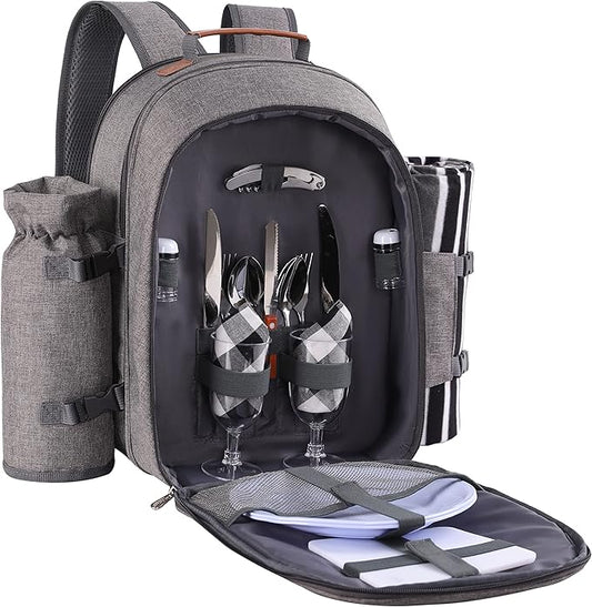Apollo Walker Picnic Backpack Set for 2 Person with Cooler Compartment, Detachable Bottle/Wine Holder, Fleece Blanket, Plates and Cutlery Set-PawvioPets
