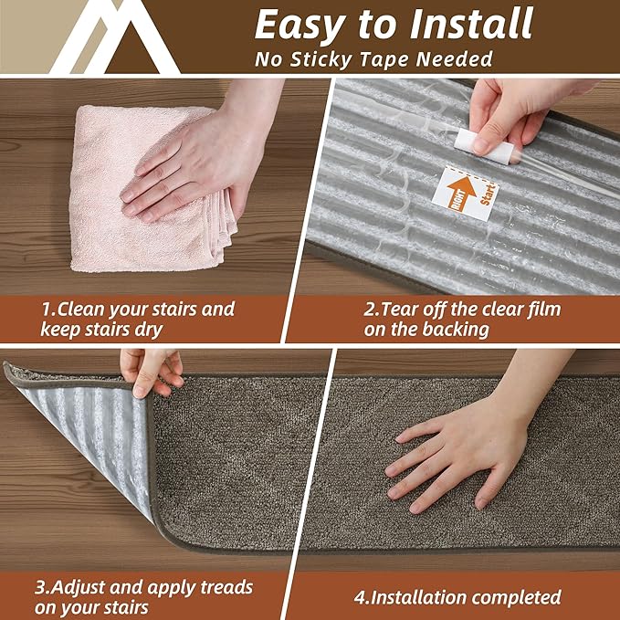 COSY HOMEER Stair Treads for Wooden Steps 9"x28" Washable Indoor Carpet Stair Treads Non Slip Soft Polyester Stair Carpet Tread Reusable Stair Runner Rugs for Kids, Elders,Pets,Light Brown,10pcs-PawvioPets