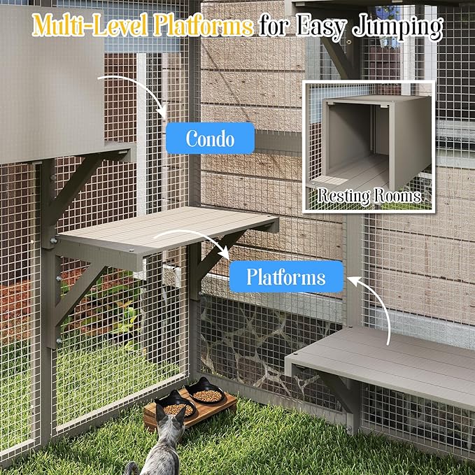 Cat Catio Outdoor Enclosure for Multiple Cats, Large Wooden Walk-in Cat House with Window Connection, 2 Condos, Platforms, Doors, and Weatherproof Roof Cover (69.5" L x 47" W x 71" H)-PawvioPets
