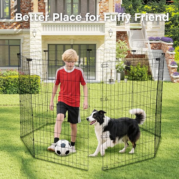 Foldable Dog Playpen 42" Height 8 Panels Metal Exercise Pen No Door - Indoor/Outdoor Dog Play Pen for Medium-Large Dogs, Portable Pet Fence for Yard Garden Camping, Black-PawvioPets