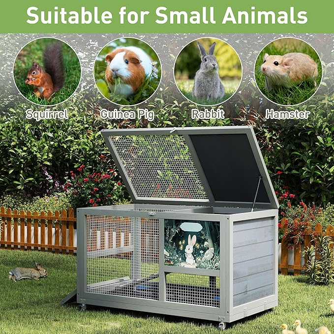 COZIWOW Fashionable Wood 36In Rabbit Hutch Indoor on Wheels Bunny Cage Outdoor Rabbit Cage with Clean Tray, Openable Roof, Anti-Slip Ramp for Small Bunny Rabbit (Grey with Pattern)-PawvioPets