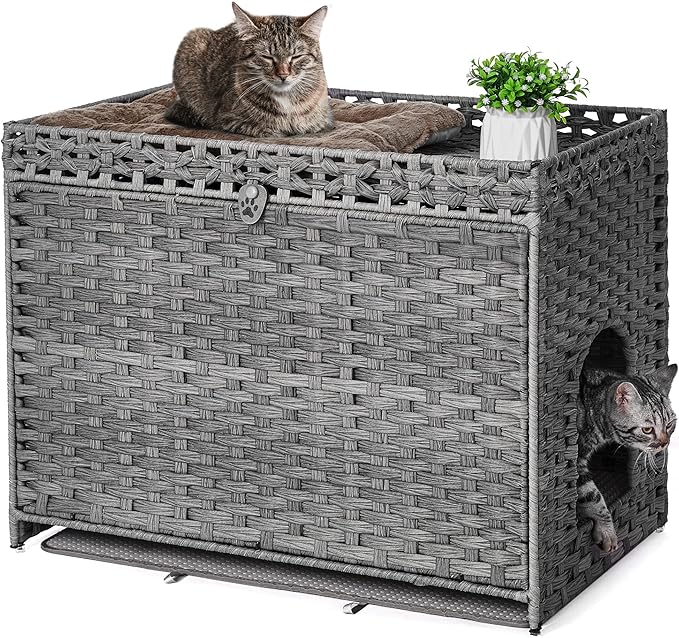 Cat Litter Box Enclosure with Soft Litter Mat; Hidden Kitten Washroom Furniture with Door; Handwoven Rattan Cat House with Large Space; Pet Crate for Living Room, Bedroom, Balcony (Grey)-PawvioPets