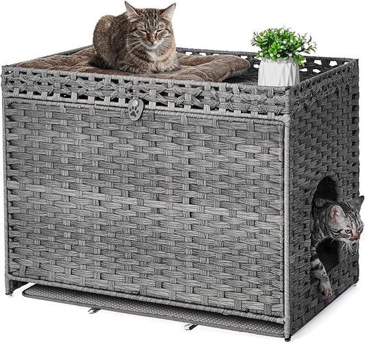 Cat Litter Box Enclosure with Soft Litter Mat; Hidden Kitten Washroom Furniture with Door; Handwoven Rattan Cat House with Large Space; Pet Crate for Living Room, Bedroom, Balcony (Grey)-PawvioPets