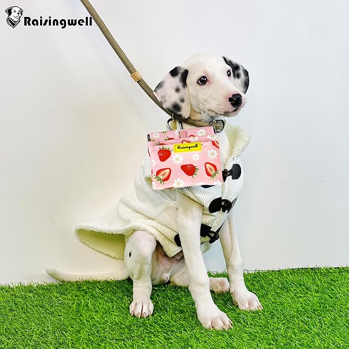 Dog Treat Pouch,Cotton Pocket Sized Training Holder, Hand Free Walking Funny Bag with Carabiner, Self-Closing Pet Feed Snack Reward, Behavior Aids for Puppy Travel or Outdoor Use（Strawberry）-PawvioPets