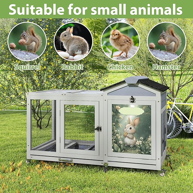 COZIWOW 39inches Assembled Wood Rabbit Hutch Indoor，Wide Space Small Animal Houses with Removable Tray&Safety Lock，Bunny Cage with Waterproof Roof&Solar Panels (Grey with Pattern)-PawvioPets