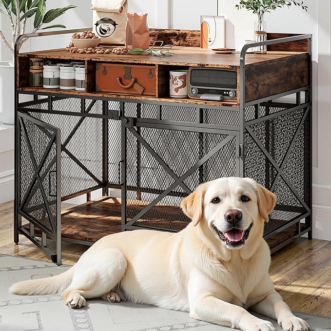Dog Crate Furniture, 43" Heavy Duty Wooden Dog Crate End Table, XL Dog Kennel Furniture Large Breed, Decorative Dog Kenne Indoor with 3 Drawers & Steel Tubes 43" L x28 W x36 H (Rustic Brown)-PawvioPets