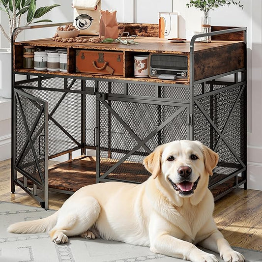 Dog Crate Furniture, 43" Heavy Duty Wooden Dog Crate End Table, XL Dog Kennel Furniture Large Breed, Decorative Dog Kenne Indoor with 3 Drawers & Steel Tubes 43" L x28 W x36 H (Rustic Brown)-PawvioPets