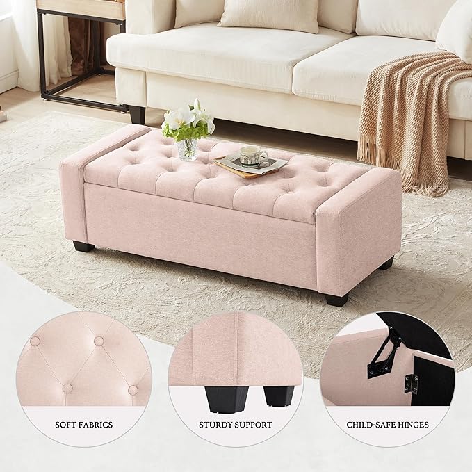 48" Ottoman with Storage, Pink Storage Ottoman Bench with Safety Hinge, Upholstered Entryway Bench with Seating for Bedroom, Living Room, Holds up to 330 lb-PawvioPets