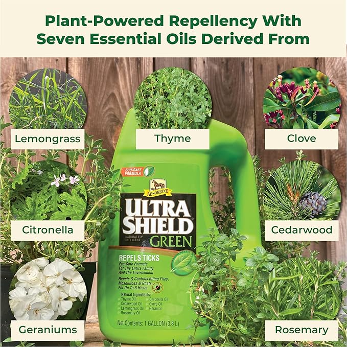 Absorbine UltraShield Green All-Natural Fly & Insect Repellent for Horses & Dogs, Essential Oils Repel & Control, 128oz Bottle, No Sprayer-PawvioPets