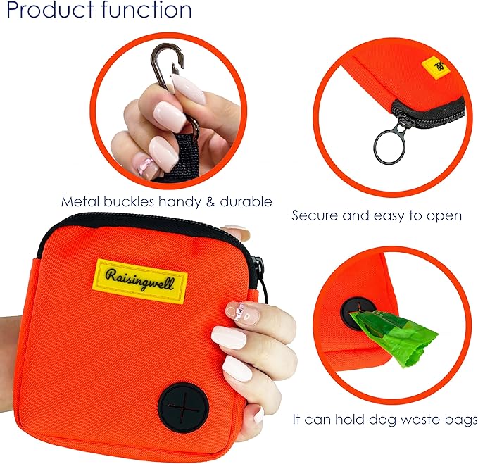 Dog Treat Pouch for Pet Walking and Training with Clicker Poop Bags Small Fanny Zipper Pack Holder for Puppy Snack Dispenser Kit for Leash and Outdoor Use (Orange)-PawvioPets