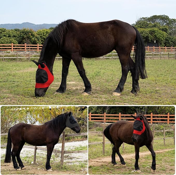 2 Piece Horse Fly Mask with Ears, Comfortable Fit Stretch Fabric Big Eye Space Soft Breathable with UV Protection for Full Horses (Red-Black)-PawvioPets