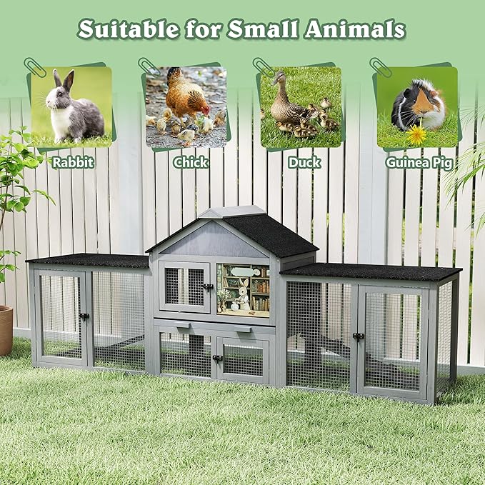 COZIWOW 82inches Extra Large Wood Rabbit Hutch Outdoor Easy to Assemble and Stable Bunny Cage Indoor with Cleaning Tray & Waterproof Roof for Small and Medium Bunny Rabbit Chick (Grey)-PawvioPets