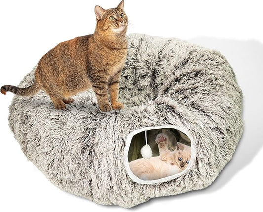 Cat Donut Bed with Washable Cushion – Cat Caves for Indoor Cats – Collapsible Donut Bed with Peekaboo Pet Tunnel Toy – Cozy Hideout for Kittens, Ferrets, Rabbits & Dogs - Brown-PawvioPets