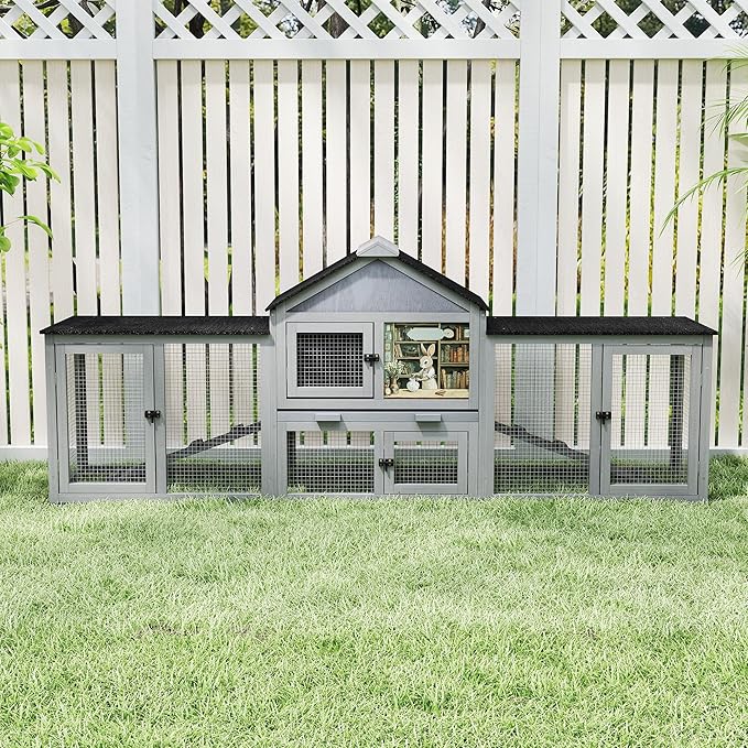 COZIWOW 82inches Extra Large Wood Rabbit Hutch Outdoor Easy to Assemble and Stable Bunny Cage Indoor with Cleaning Tray & Waterproof Roof for Small and Medium Bunny Rabbit Chick (Grey)-PawvioPets