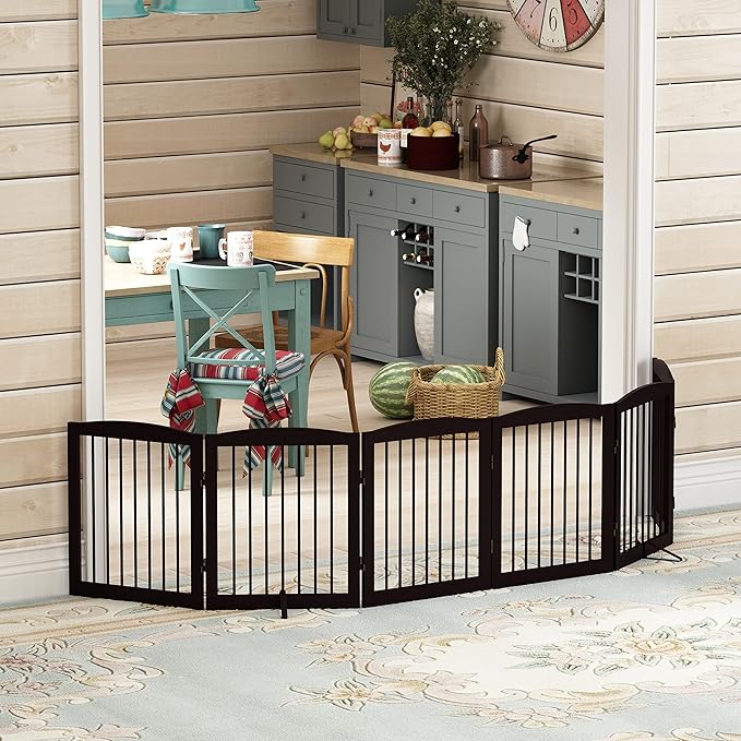 Freestanding Pet Gate for Dogs, Foldable Wooden Dog Gate for House, Extra Wide Indoor Pet Barrier for Stair, Doorway, Hall, Support Feet Included, 120 Inch Wide, 6 Panels 24", Brown-PawvioPets