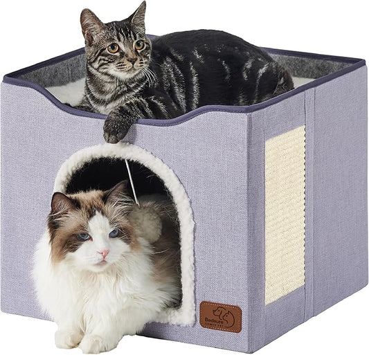 Bedsure Cat Beds for Indoor Cats - Large Cat Cave for Pet Cat House with Fluffy Ball Hanging and Scratch Pad, Foldable Cat Hideaway, 16.5x16.5x13 inches, Cloud Purple-PawvioPets
