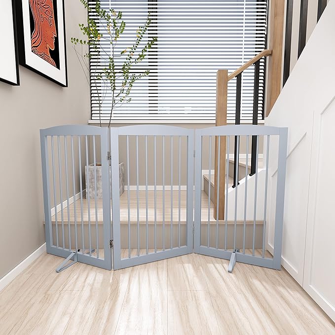Freestanding Pet Gate for Dogs, Foldable Wooden Dog Gate for House Indoor, Tall Pet Fence for Stair, Doorway,Hall, Support Feet Included, 3 Panels 32",Grey-PawvioPets