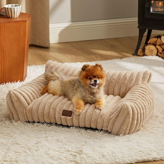 Bedsure Cute Cat Couch for Pets - Fluffy Small Dog Sofa with Premium Soft Corduroy Fleece, Pet Sofa with Removable Washable Cover, Supportive Dog Couch Bed for Small Medium Dogs, 30inch, Tuscan Beige-PawvioPets