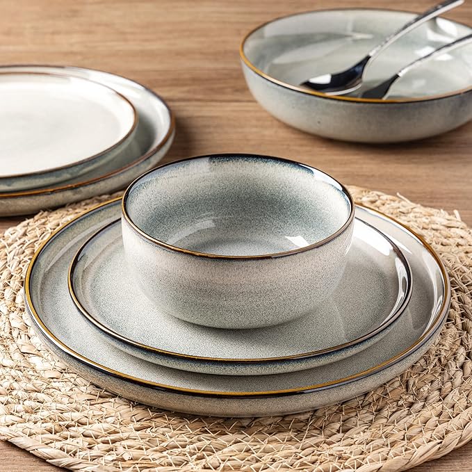 GBHOME Ceramic Dinnerware Sets for 6, 18 Pieces Stoneware Plates and Bowls Sets, Reactive Glaze Dishes -Scratch Resistant, Dishwasher&Microwave Safe, Green Wheat-PawvioPets