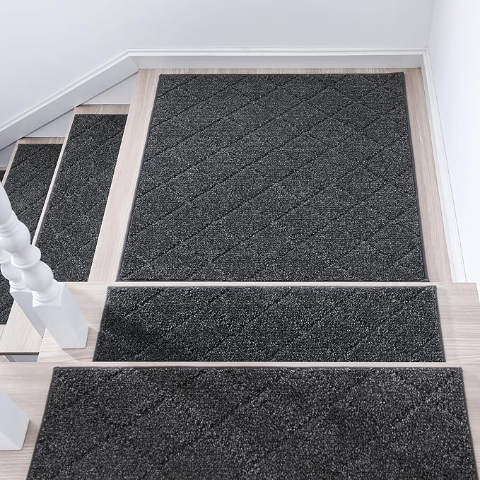 COSY HOMEER Edging Stair Treads Non-Slip Corner Indoor Stair Runners for Wooden Steps,Landing Slip Resistant Stair Rugs Mat for Kids and Dogs,100% Polyester TPE Backing,Black,30x30 inch-PawvioPets
