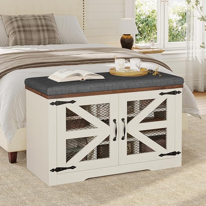 Farmhouse Storage Bench with Cushion, Metal and Wood Shoe Rack Organizer, Adjustable Shelf, Shoe Cabinet with Half Hidden Storage Space, for Entryway, Bedroom, Living Room (Old White, 31.4in)-PawvioPets