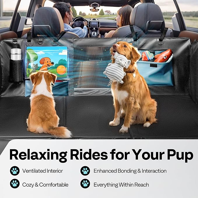 Back Seat Pet Cover for Dogs 59", Upgraded PU Leather Back Seat Extender with Hard Bottom Holds 400LBS, Waterproof Anti-Scratch, Dog Backseat Cover for Cars, SUV & Small Truck-PawvioPets