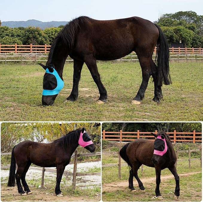 2 Piece Horse Fly Mask with Ears, Comfortable Fit Stretch Fabric Big Eye Space Soft Breathable with UV Protection for Full Horses (Blue-Pink)-PawvioPets