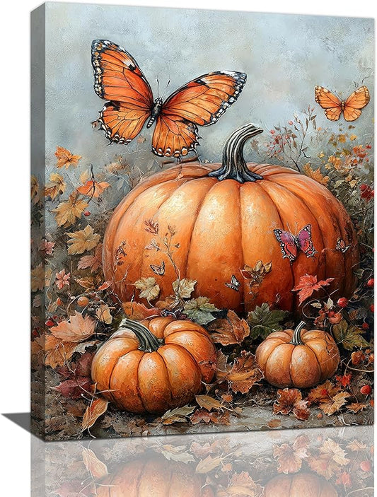 Fall Pumpkin Pictures Wall Art, Rustic Thanksgiving Bathroom Wall Decor, Farmhouse Autumn Butterfly Framed Painting Canvas Artwork for Harvest Gift Bedroom Living Room Decorations 16"L x 12"W-PawvioPets