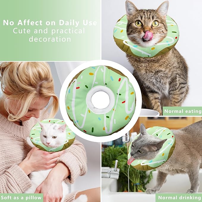 Cat Cone Collar Soft, Adjustable Cat Recovery Collar Kitten Cones to Stop Licking, Cute Donut E Collar After Surgery, Cats Neck Pillow Cone Elizabethan Cones of Shame (Waterproof Green, Small)-PawvioPets